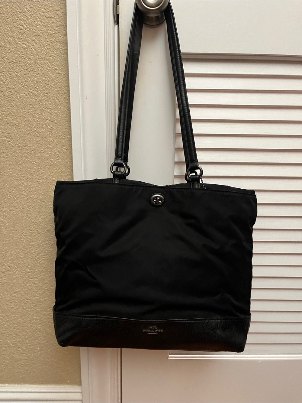 Coach Black Nylon Tote with Black Leather Trim and Straps